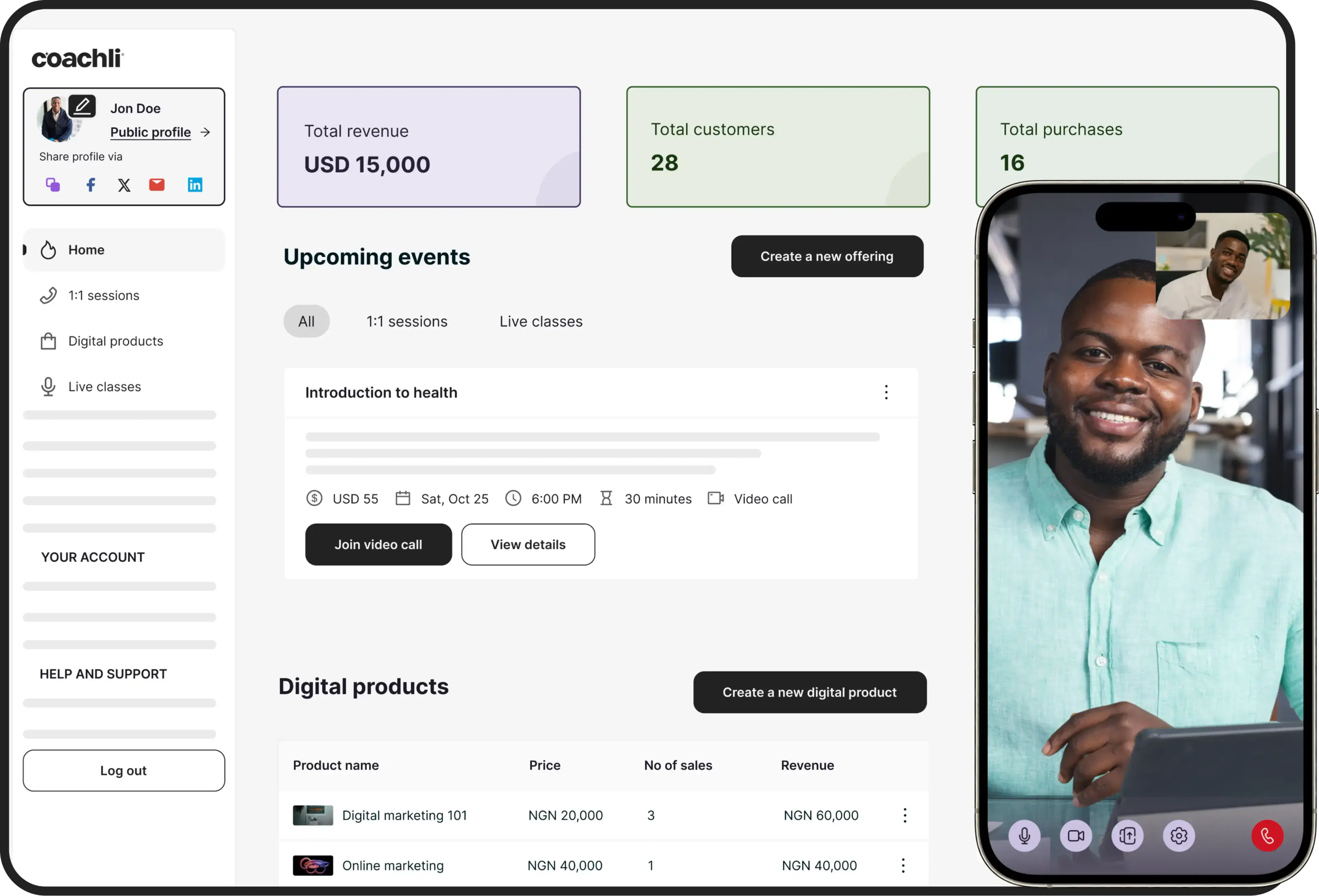 Coachli, the platform for African coaches and creators to sell digital products, host sessions and run live classes